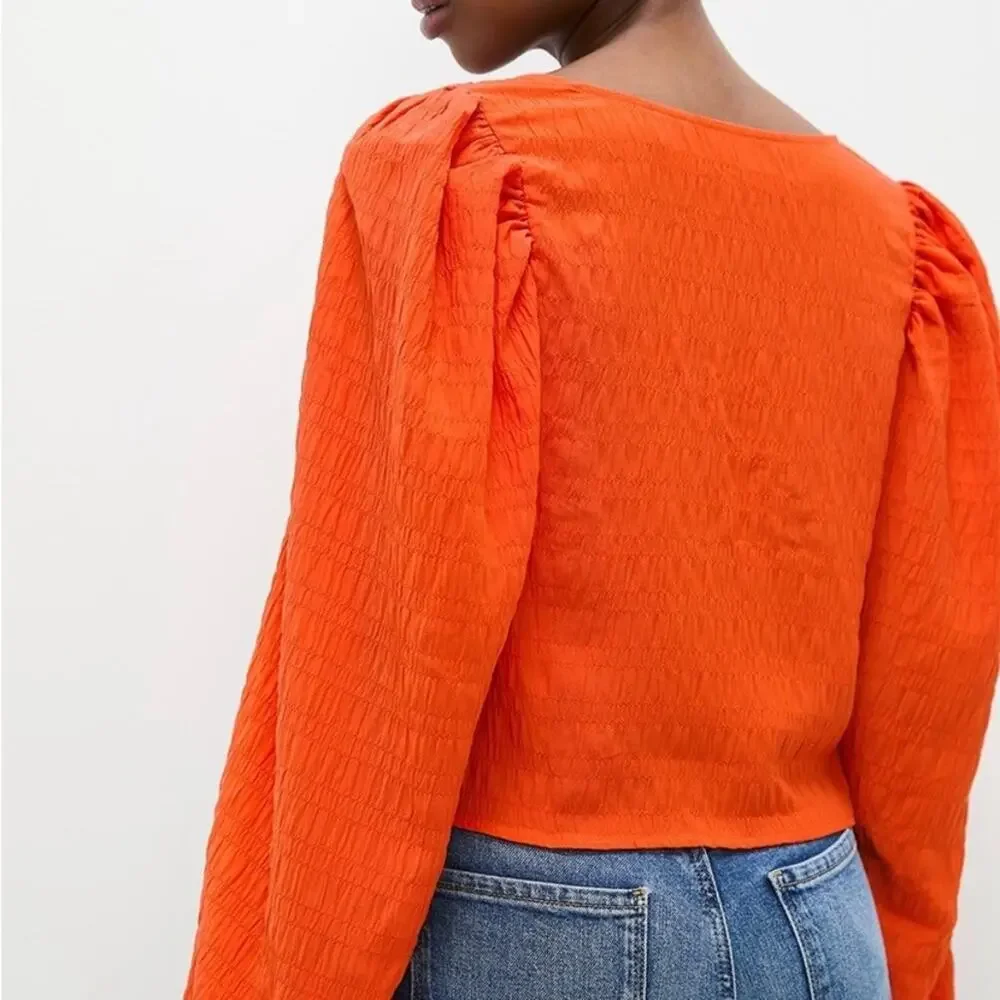 NWT Levi's Embry Tie Front Orange Puff Sleeve Blouse Levis Boho Top size Medium - Picture 2 of 7